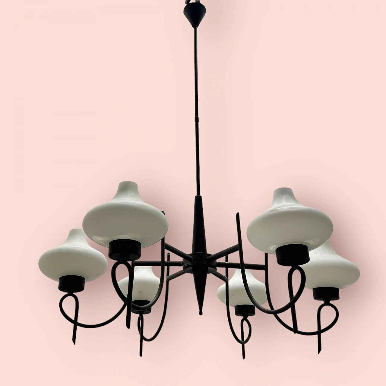 Bronze and black metal chandelier with opaline glass shades, 1950s 4