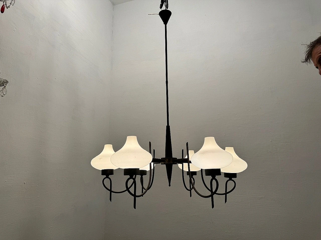 Bronze and black metal chandelier with opaline glass shades, 1950s 5