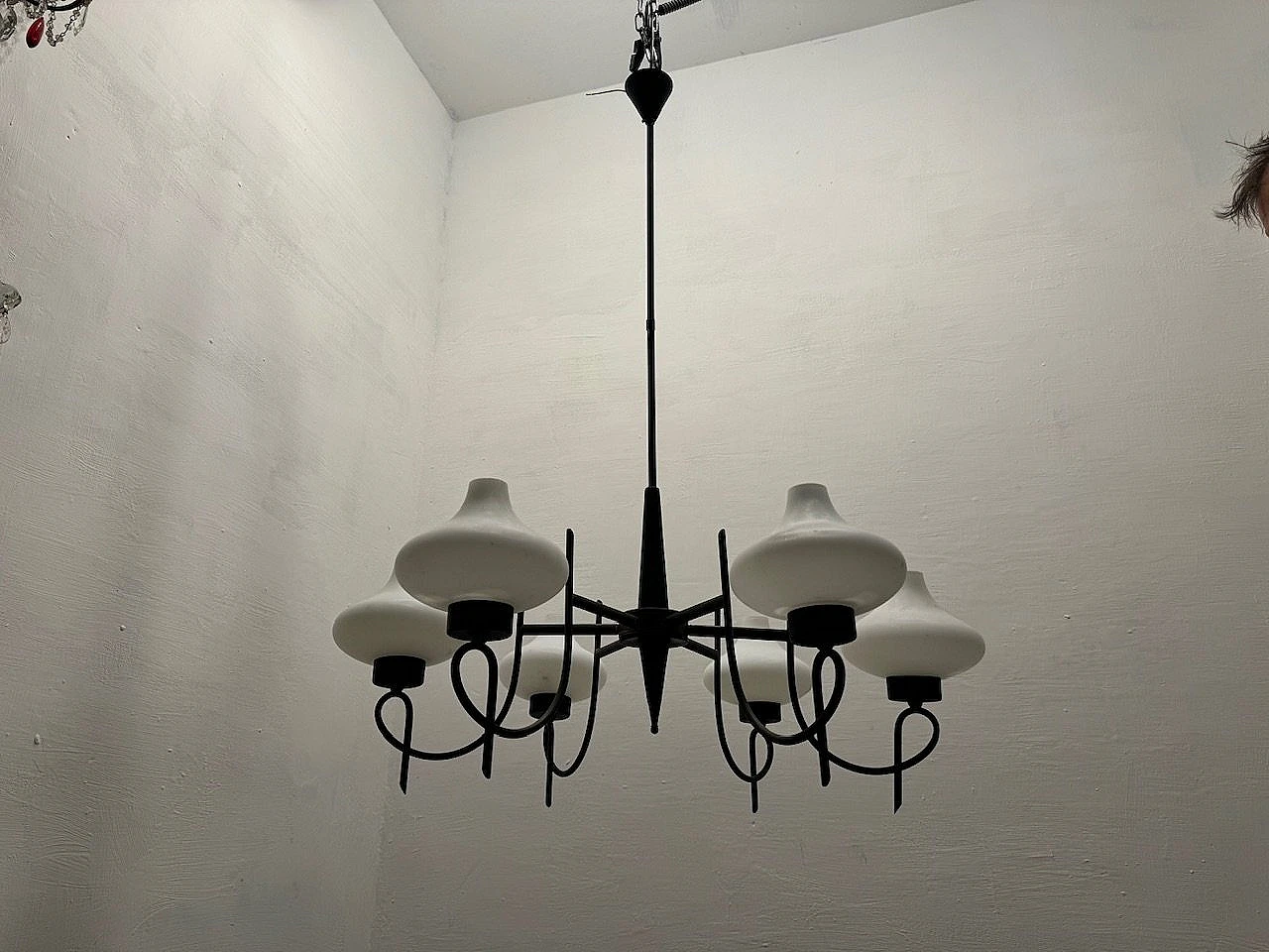 Bronze and black metal chandelier with opaline glass shades, 1950s 7