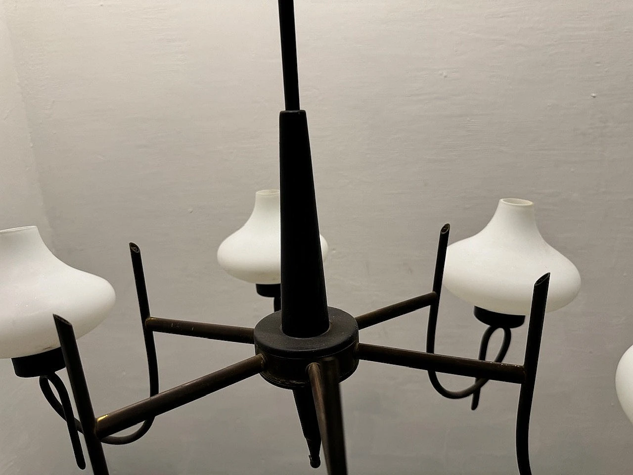 Bronze and black metal chandelier with opaline glass shades, 1950s 8