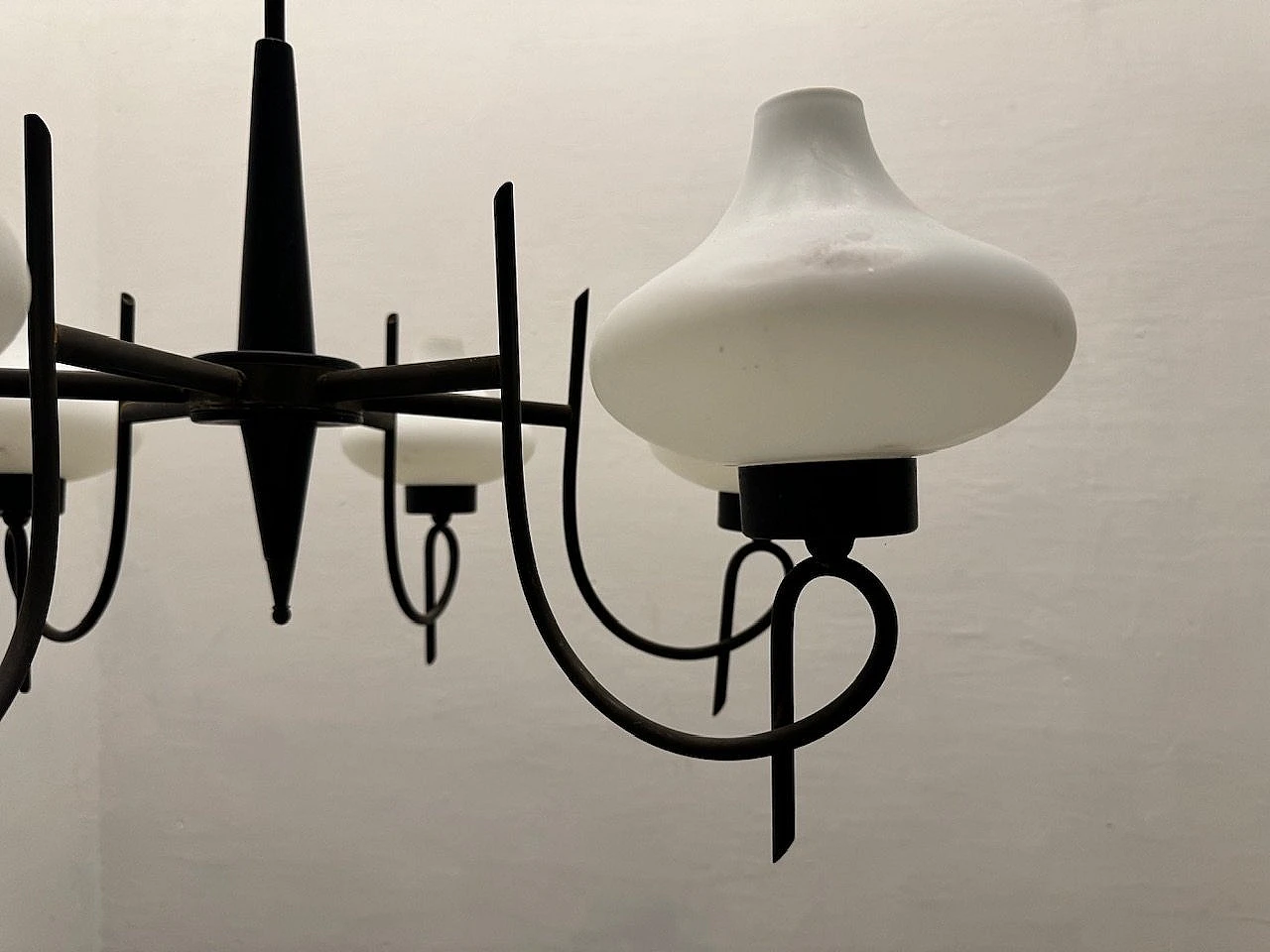 Bronze and black metal chandelier with opaline glass shades, 1950s 11