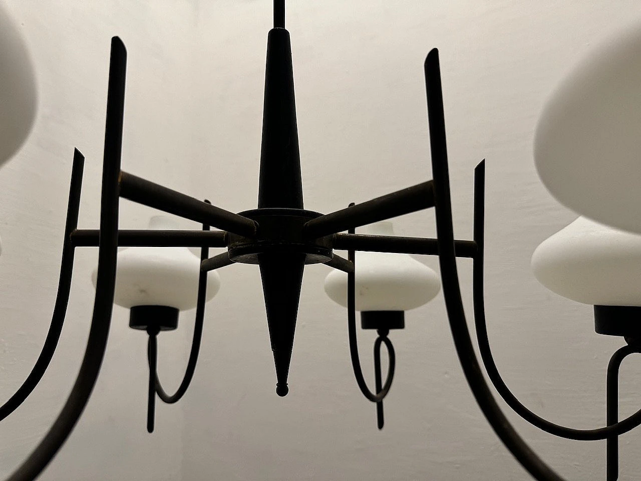 Bronze and black metal chandelier with opaline glass shades, 1950s 12