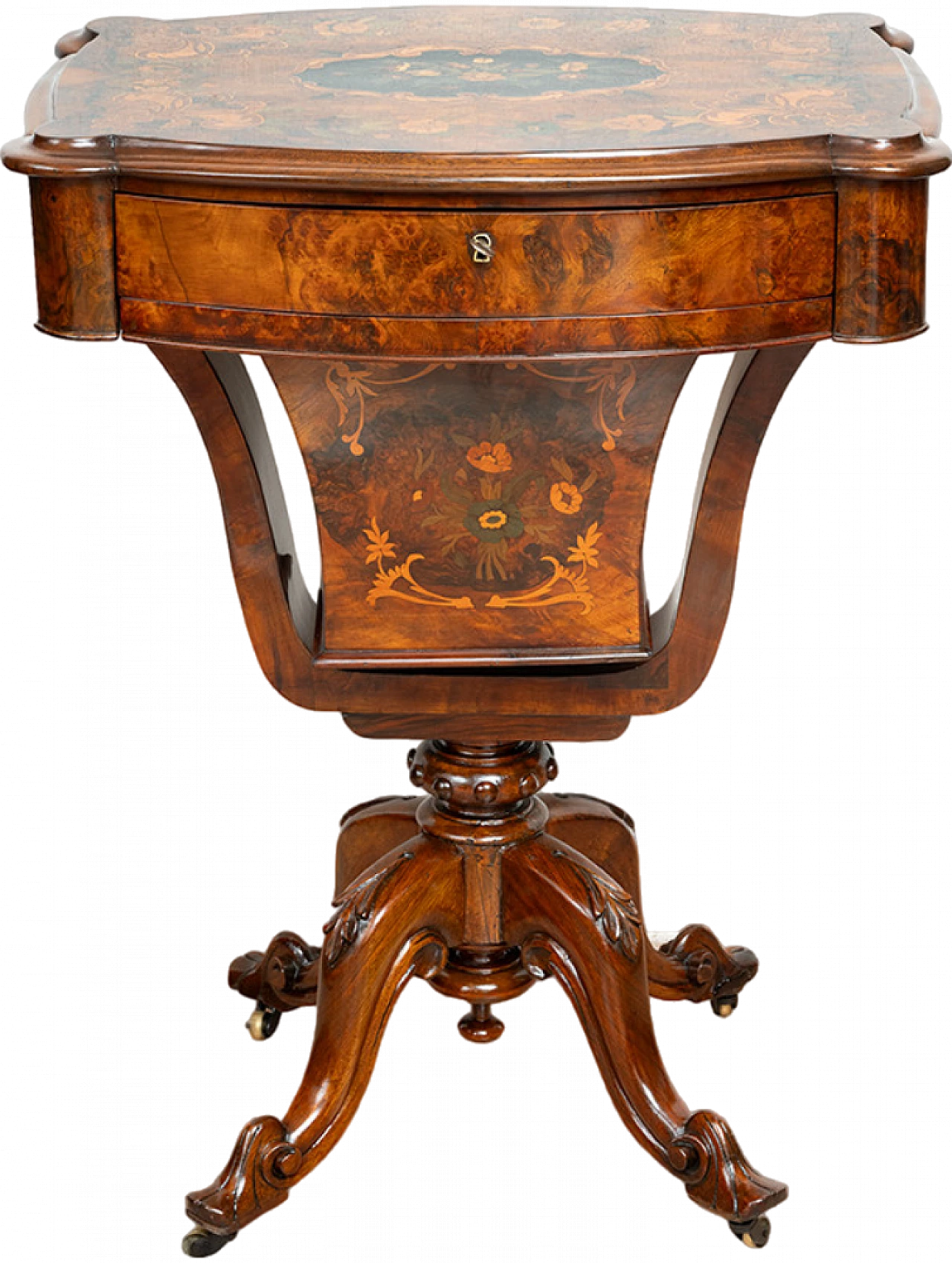 Victorian walnut-root work table, 19th century 9