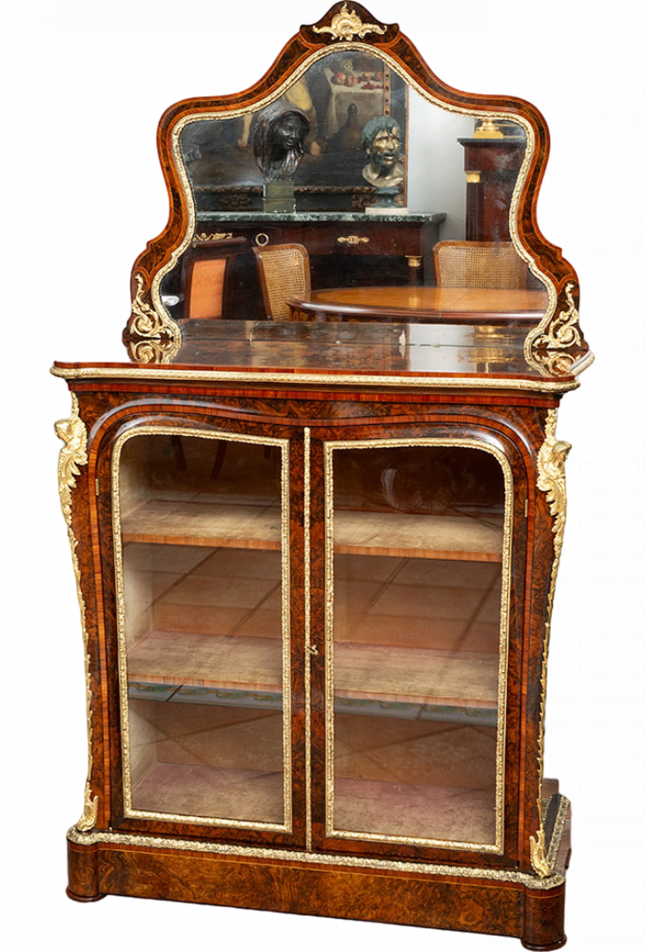 Walnut-root Victorian showcase with bronze grafts, 19th century 9