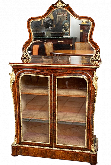 Walnut-root Victorian showcase with bronze grafts, 19th century