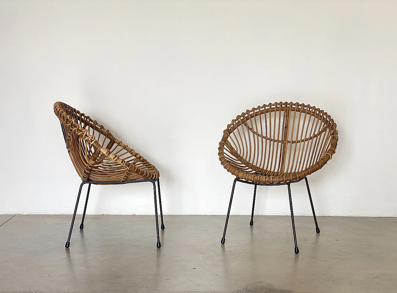 Pair of reed and wicker armchairs, 1970s 3