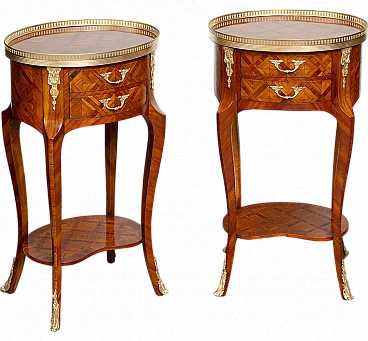 Pair of exotic wood egg-shaped bedside tables, early 20th century