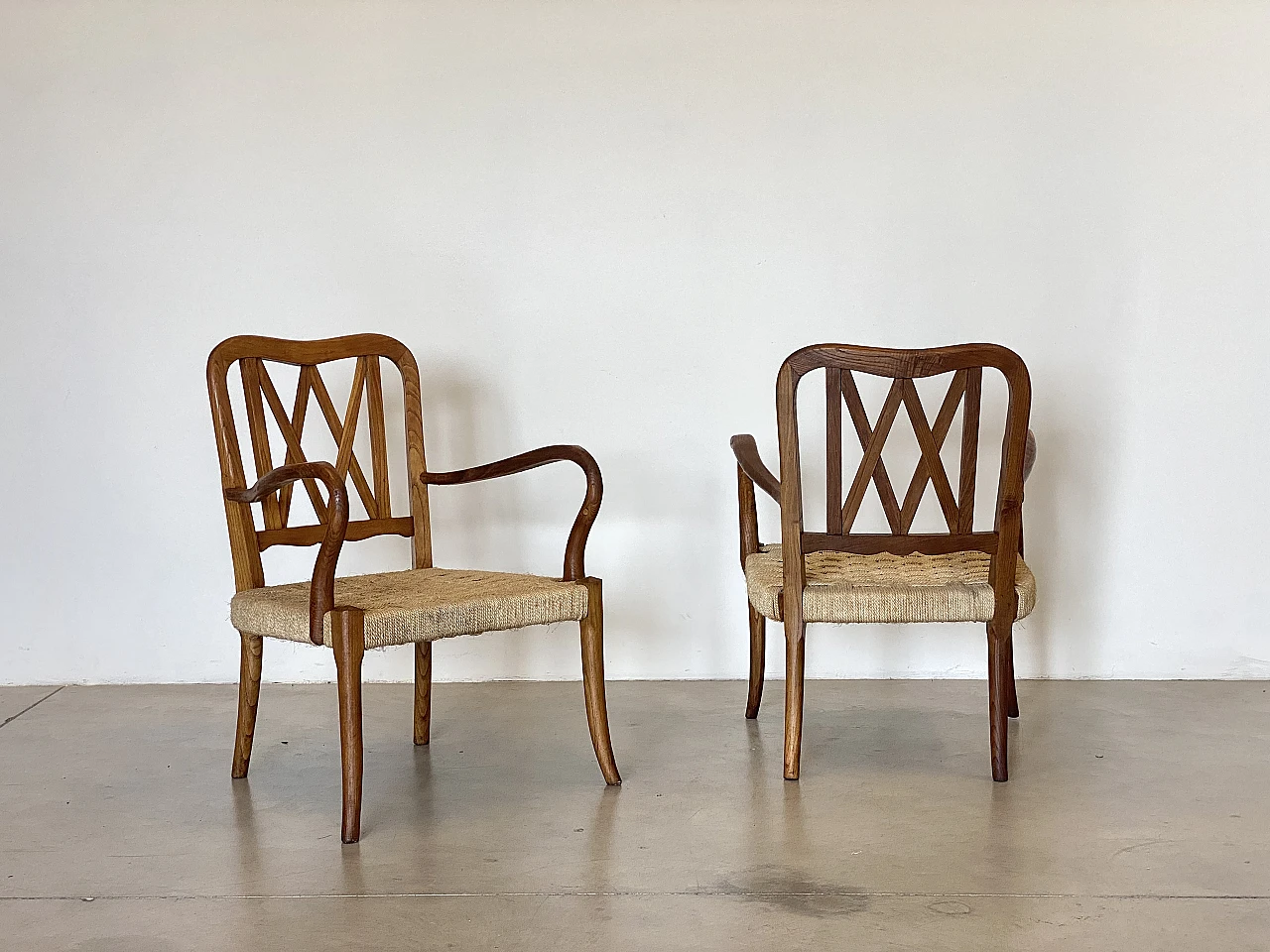 Pair of oak armchairs with straw seat, 1940s 1