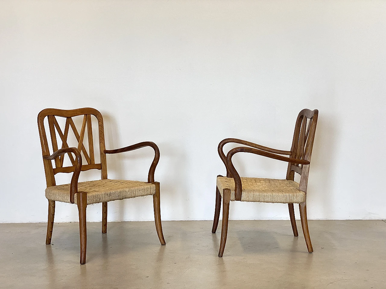 Pair of oak armchairs with straw seat, 1940s 3