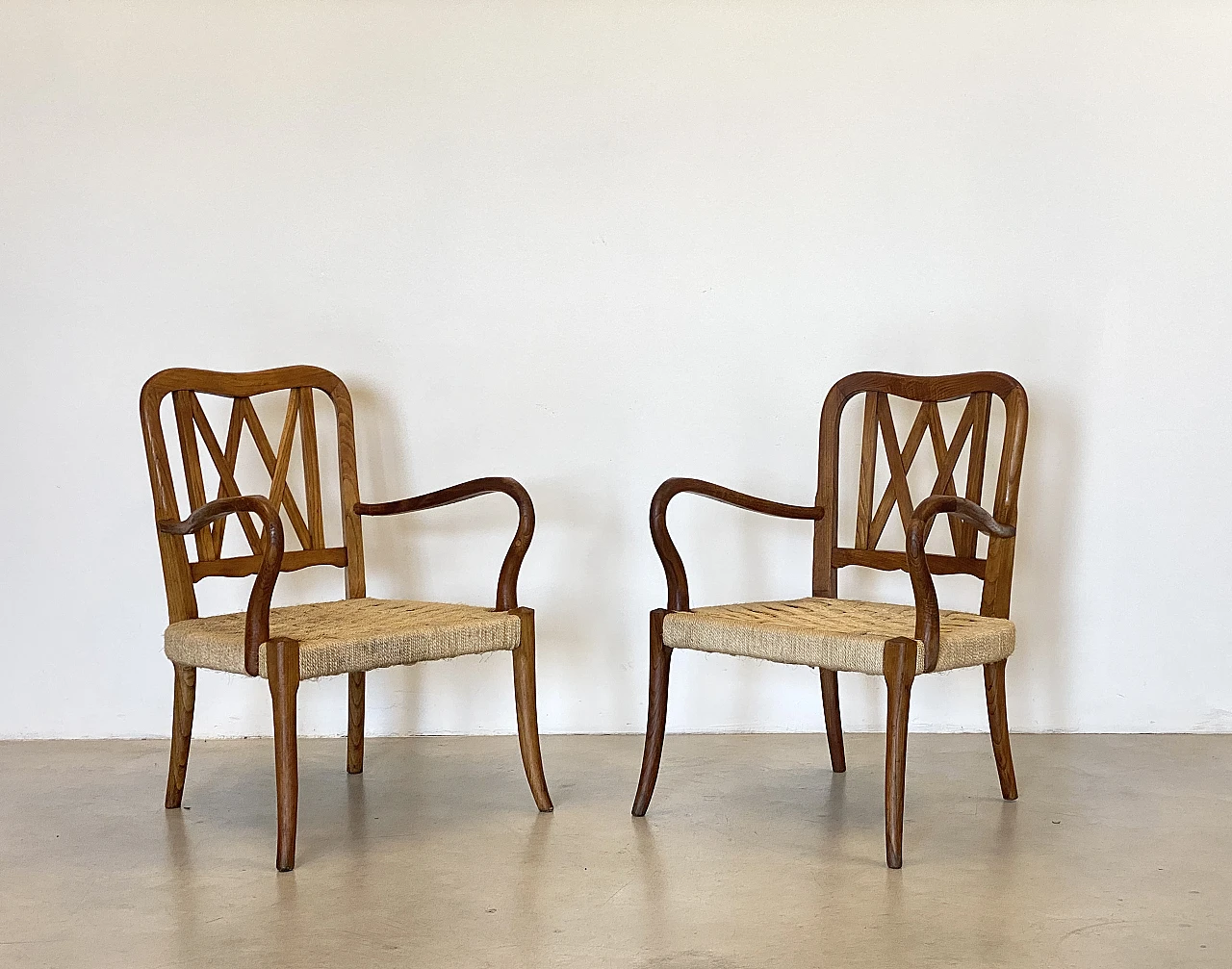 Pair of oak armchairs with straw seat, 1940s 4