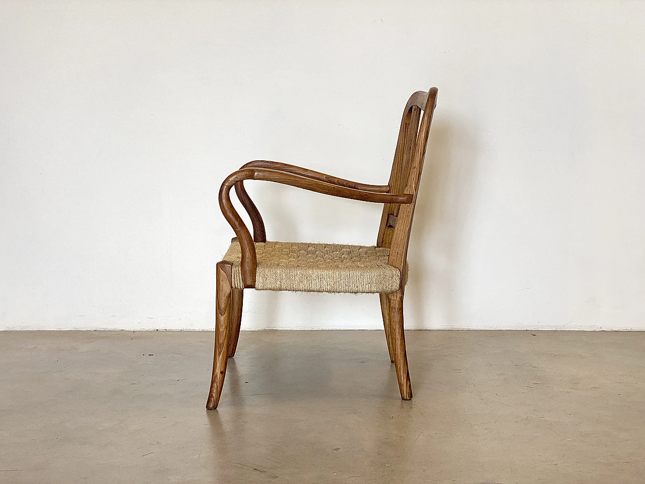 Pair of oak armchairs with straw seat, 1940s 5