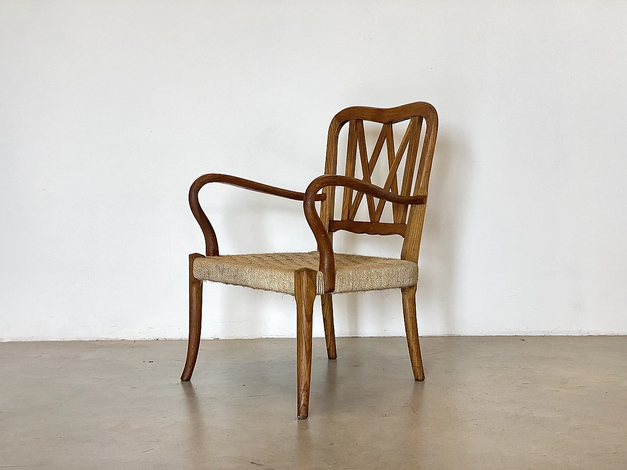 Pair of oak armchairs with straw seat, 1940s 6