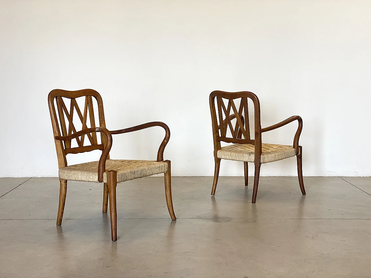 Pair of oak armchairs with straw seat, 1940s 9