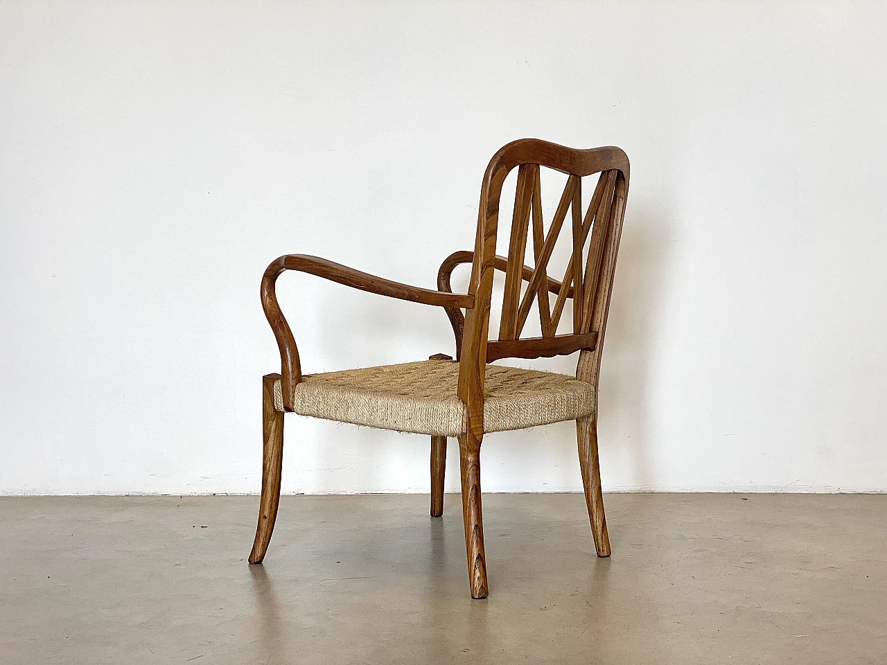 Pair of oak armchairs with straw seat, 1940s 11