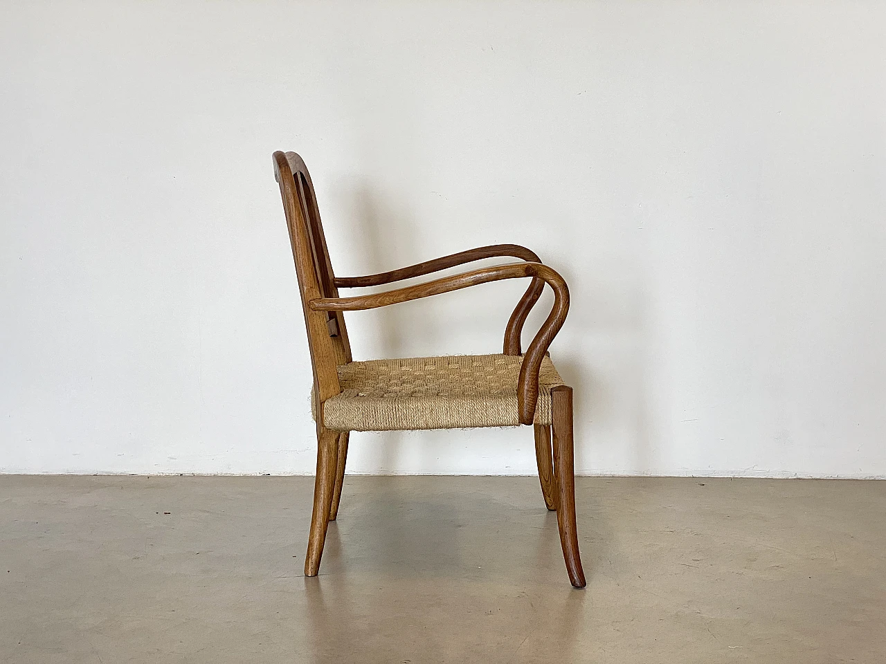 Pair of oak armchairs with straw seat, 1940s 12