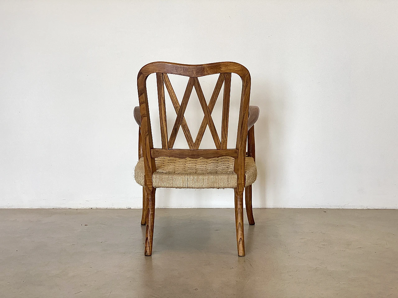 Pair of oak armchairs with straw seat, 1940s 13