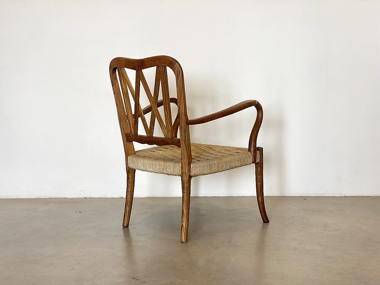 Pair of oak armchairs with straw seat, 1940s 14