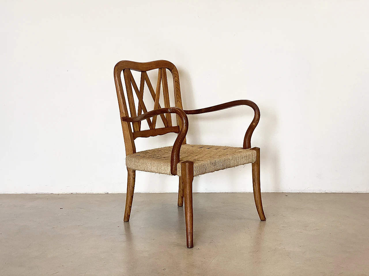 Pair of oak armchairs with straw seat, 1940s 15