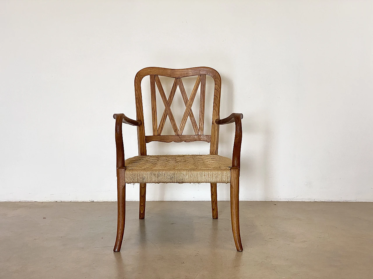 Pair of oak armchairs with straw seat, 1940s 16