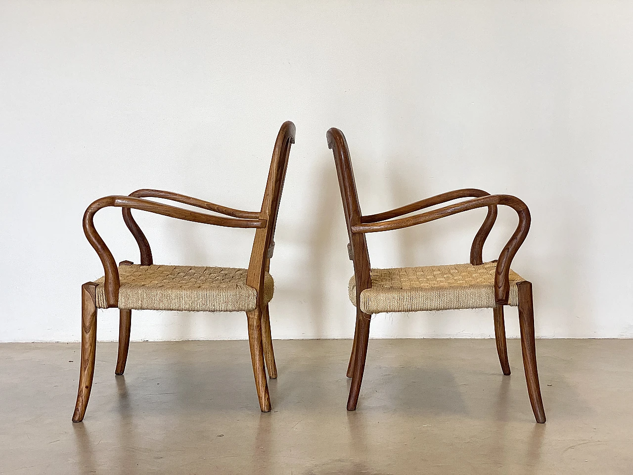 Pair of oak armchairs with straw seat, 1940s 18