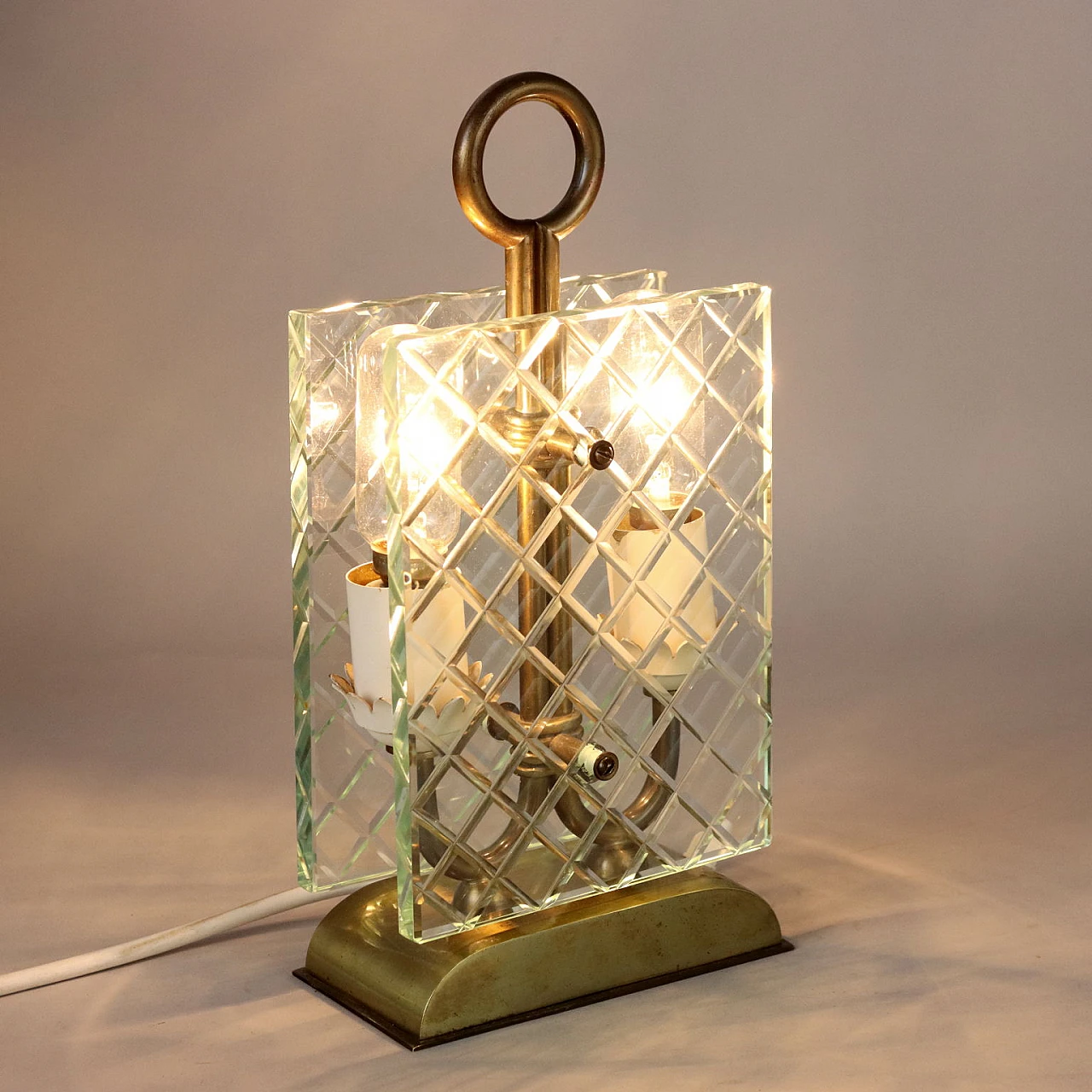 Brass and glass 2-light table lamp, 1940s 1