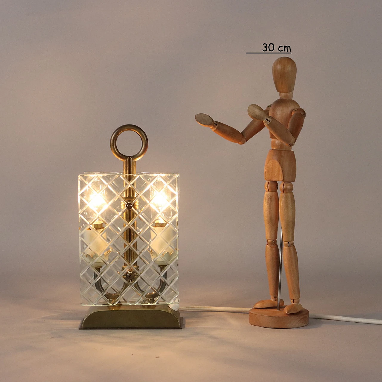 Brass and glass 2-light table lamp, 1940s 2