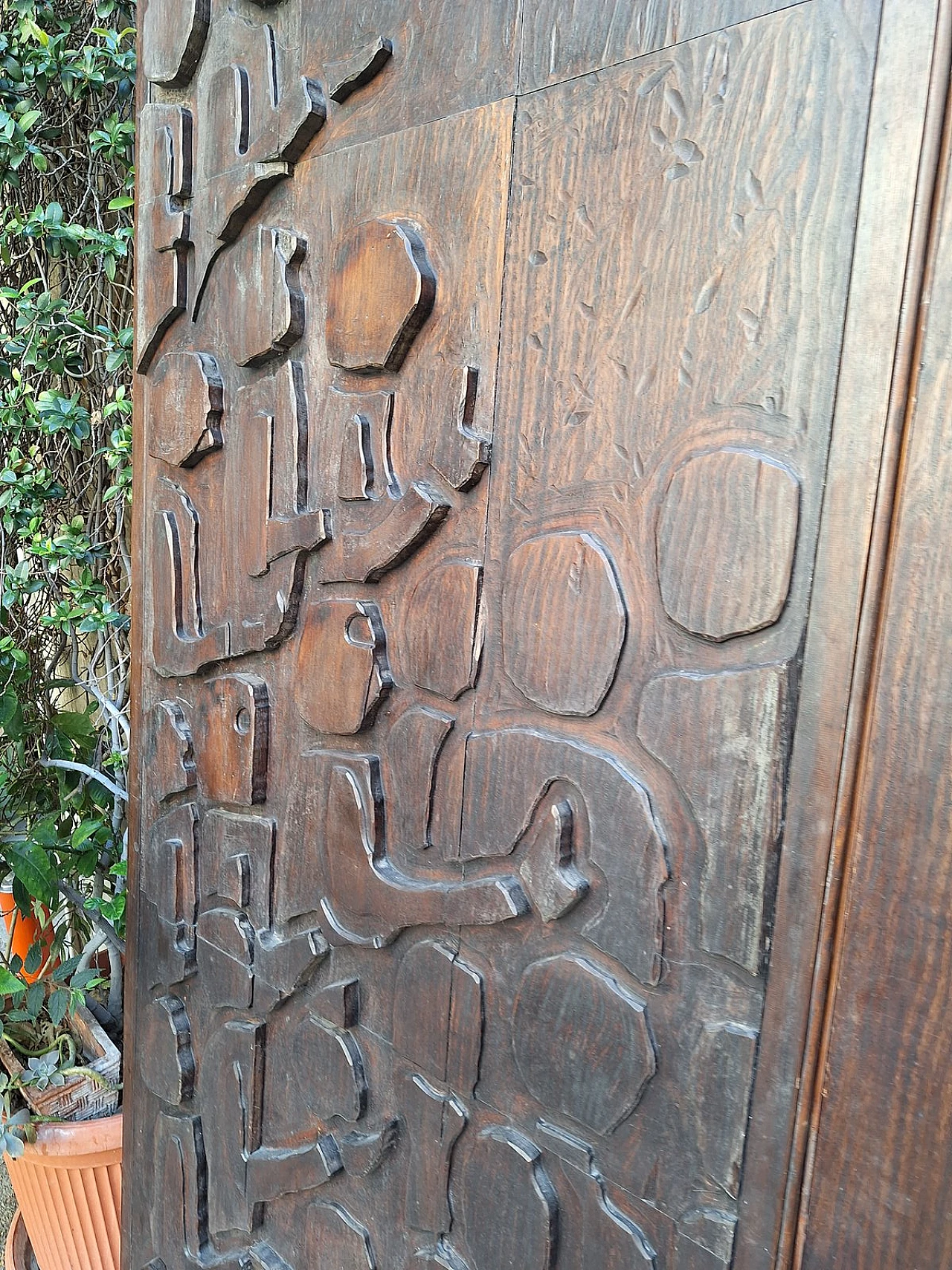 Decorative panel in dark patinated wood with designs, 1960s 3