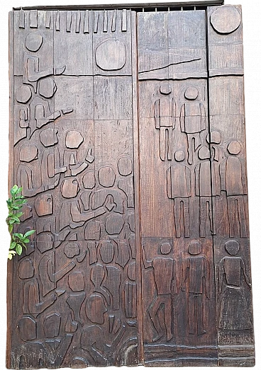 Decorative panel in dark patinated wood with designs, 1960s