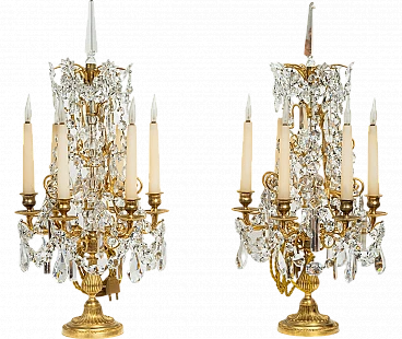 Pair of Napoleon III bronze and Bohemian crystal candle holders