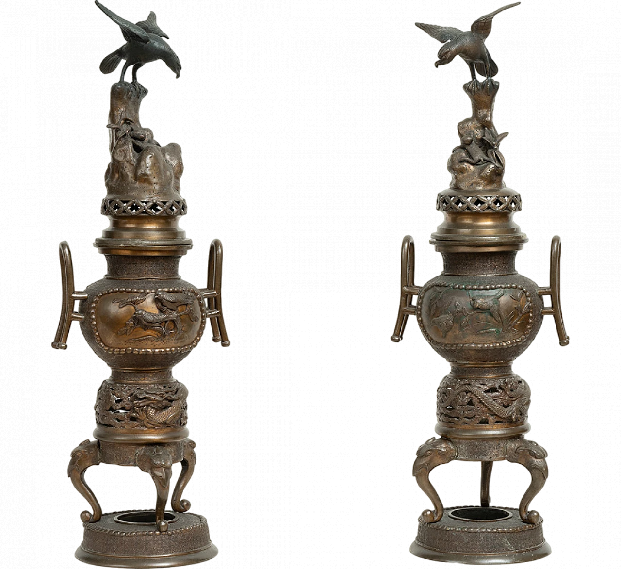 Pair of patinated antimony smoke-burning vases, early 20th century 8