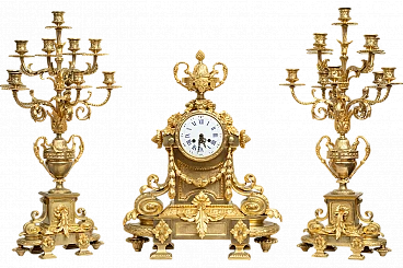 Trittico di orologio Napoleone III in bronzo dorato, '800