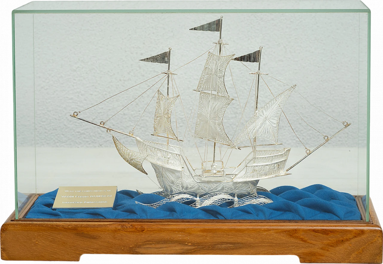 Filigreed silver sailboat, early 20th century 5