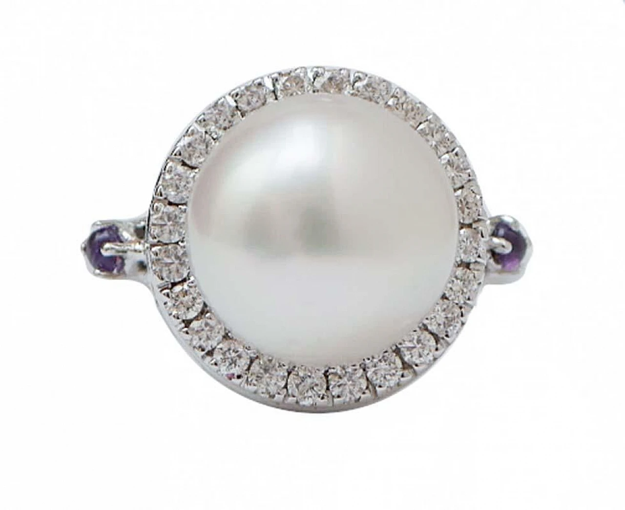 18 Karat white gold ring with pearls, diamonds and amethysts, 1980s 2