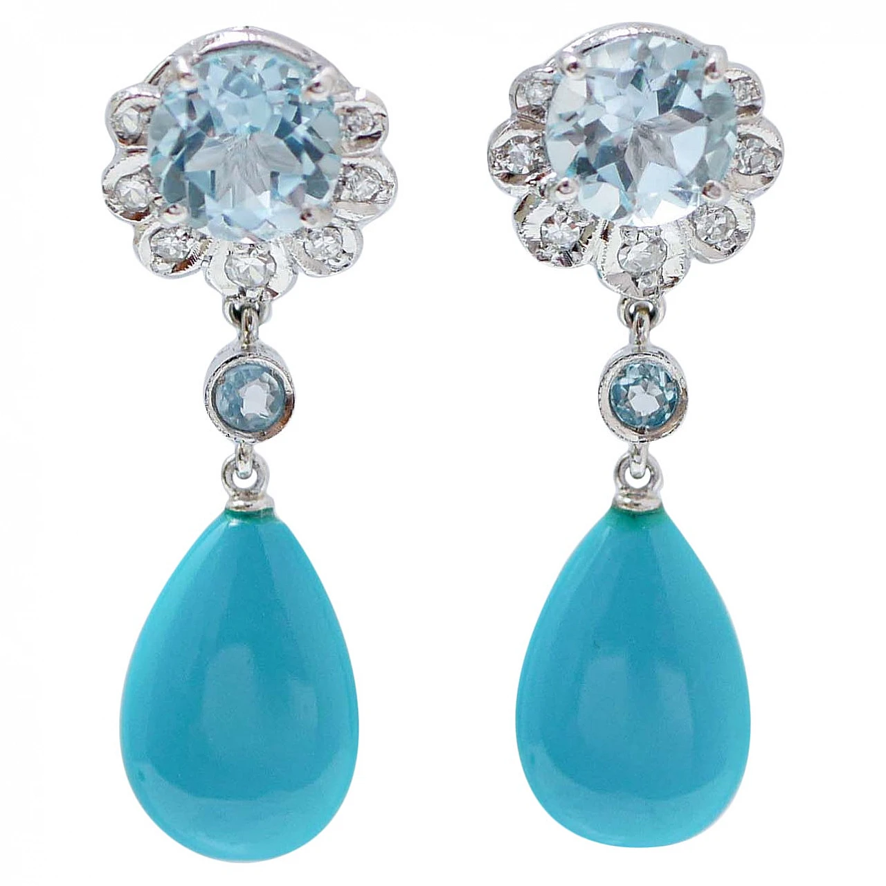 Pair of platinum earrings with turquoise, topazs and diamonds, 1970s 1