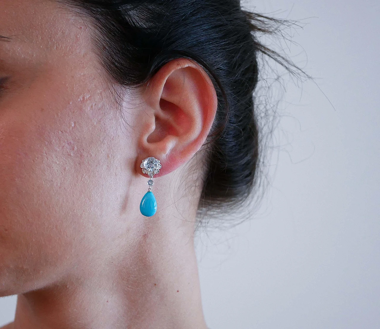 Pair of platinum earrings with turquoise, topazs and diamonds, 1970s 4