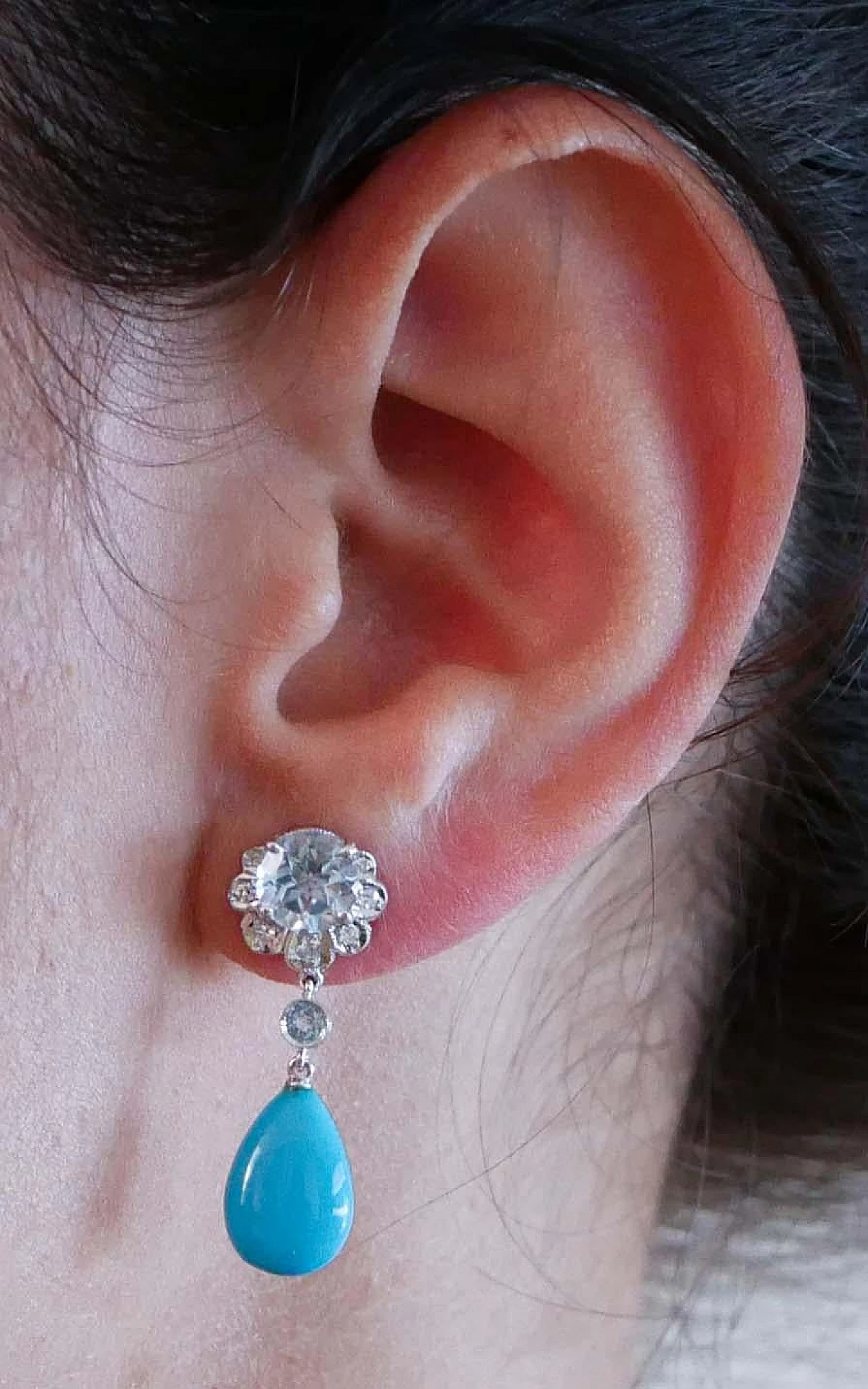 Pair of platinum earrings with turquoise, topazs and diamonds, 1970s 5