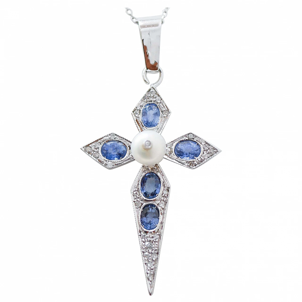 Platinum cross pendant with pearl, sapphires and diamonds, 1970s 1