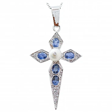 Platinum cross pendant with pearl, sapphires and diamonds, 1970s