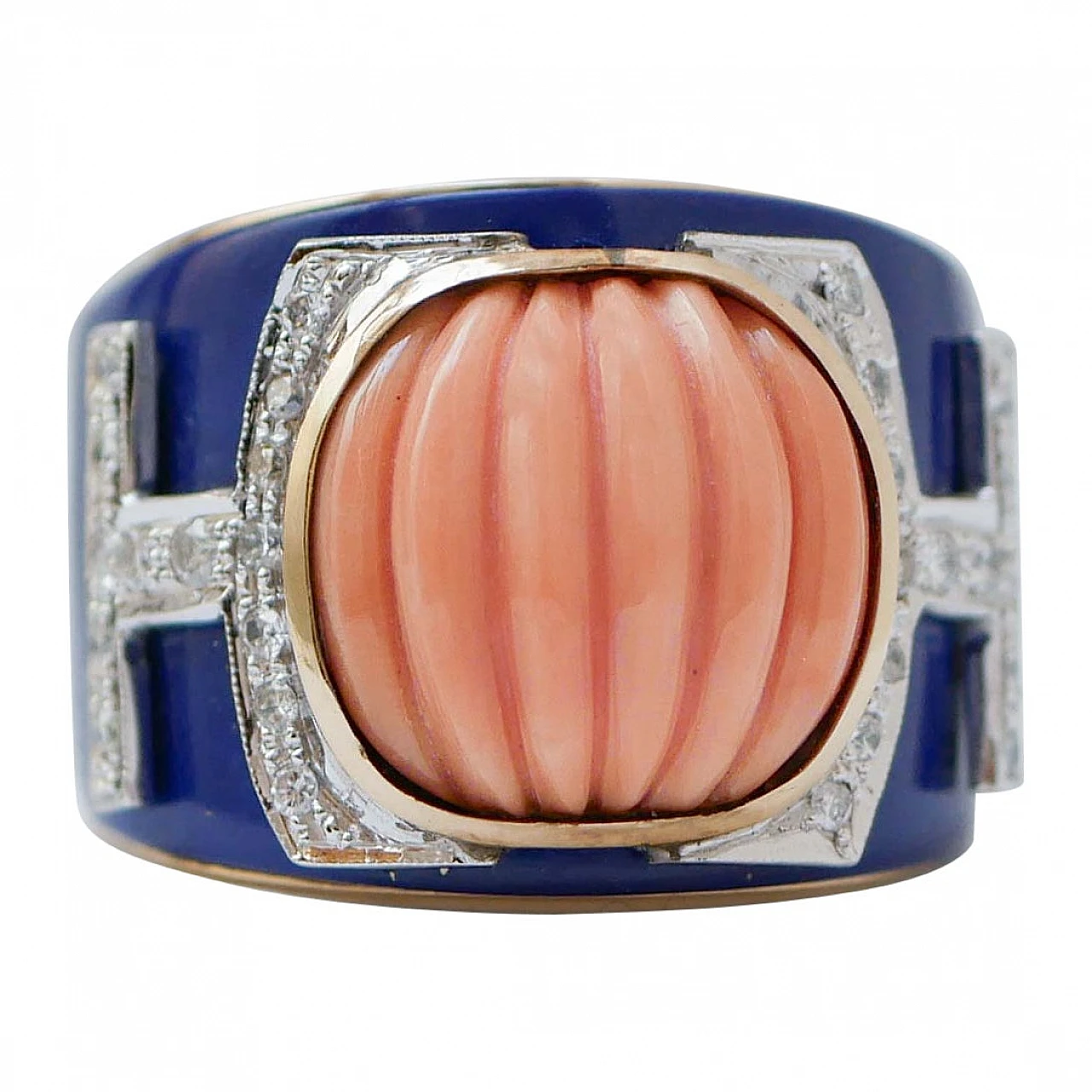 Anello a fascia in oro rosa 14 Kt con corallo, lapis e diamanti 1