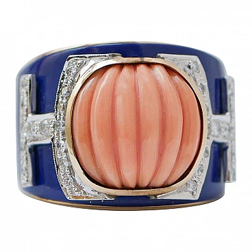 14 Kt pink gold band ring with coral, lapis and diamonds