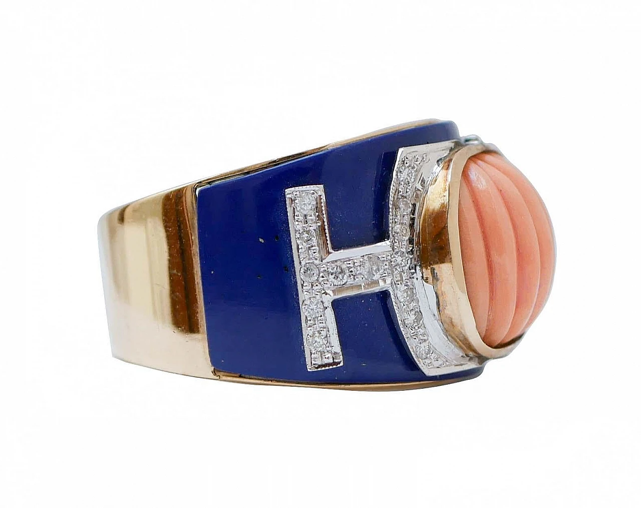 14 Kt pink gold band ring with coral, lapis and diamonds 2