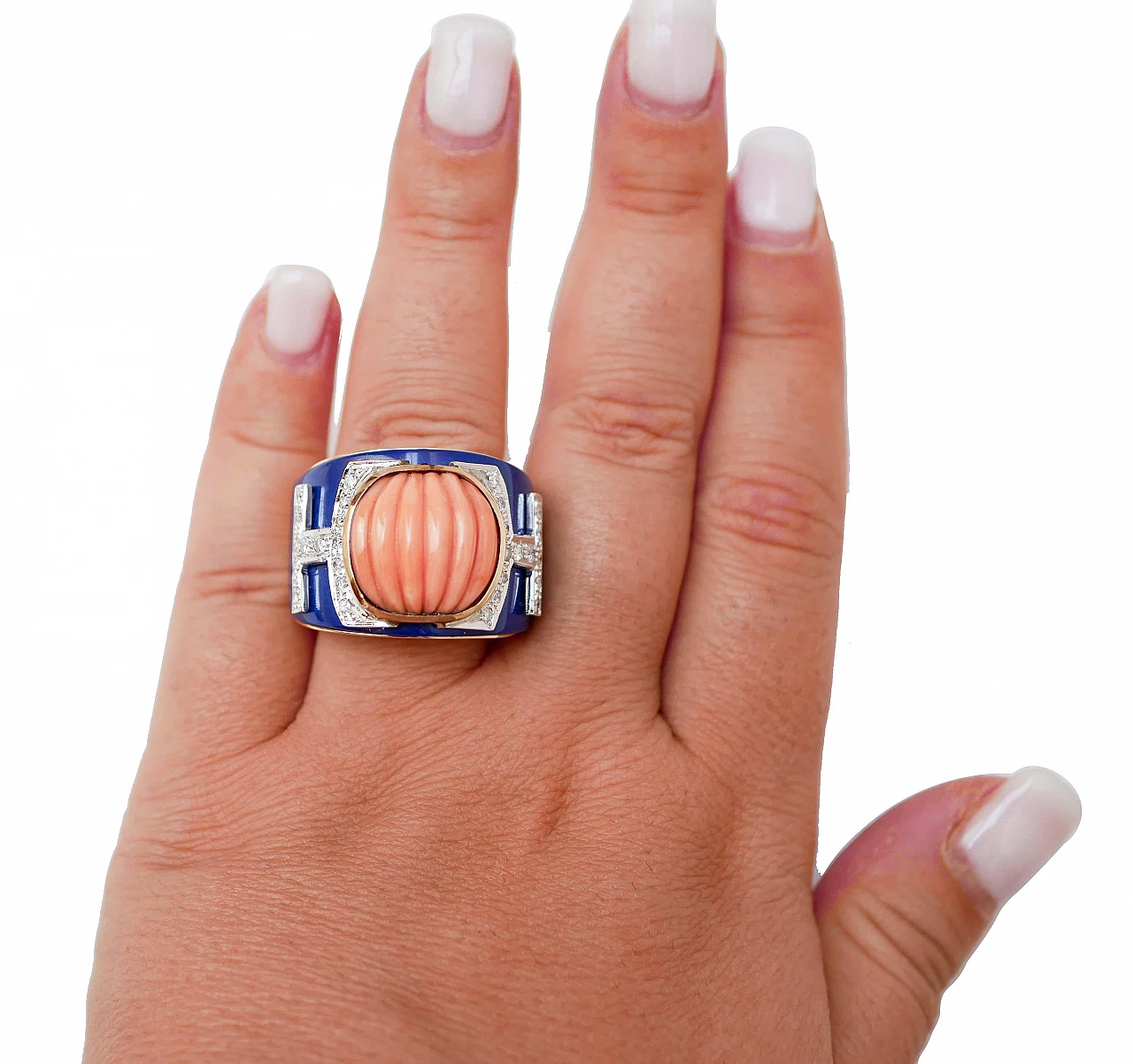 14 Kt pink gold band ring with coral, lapis and diamonds 4