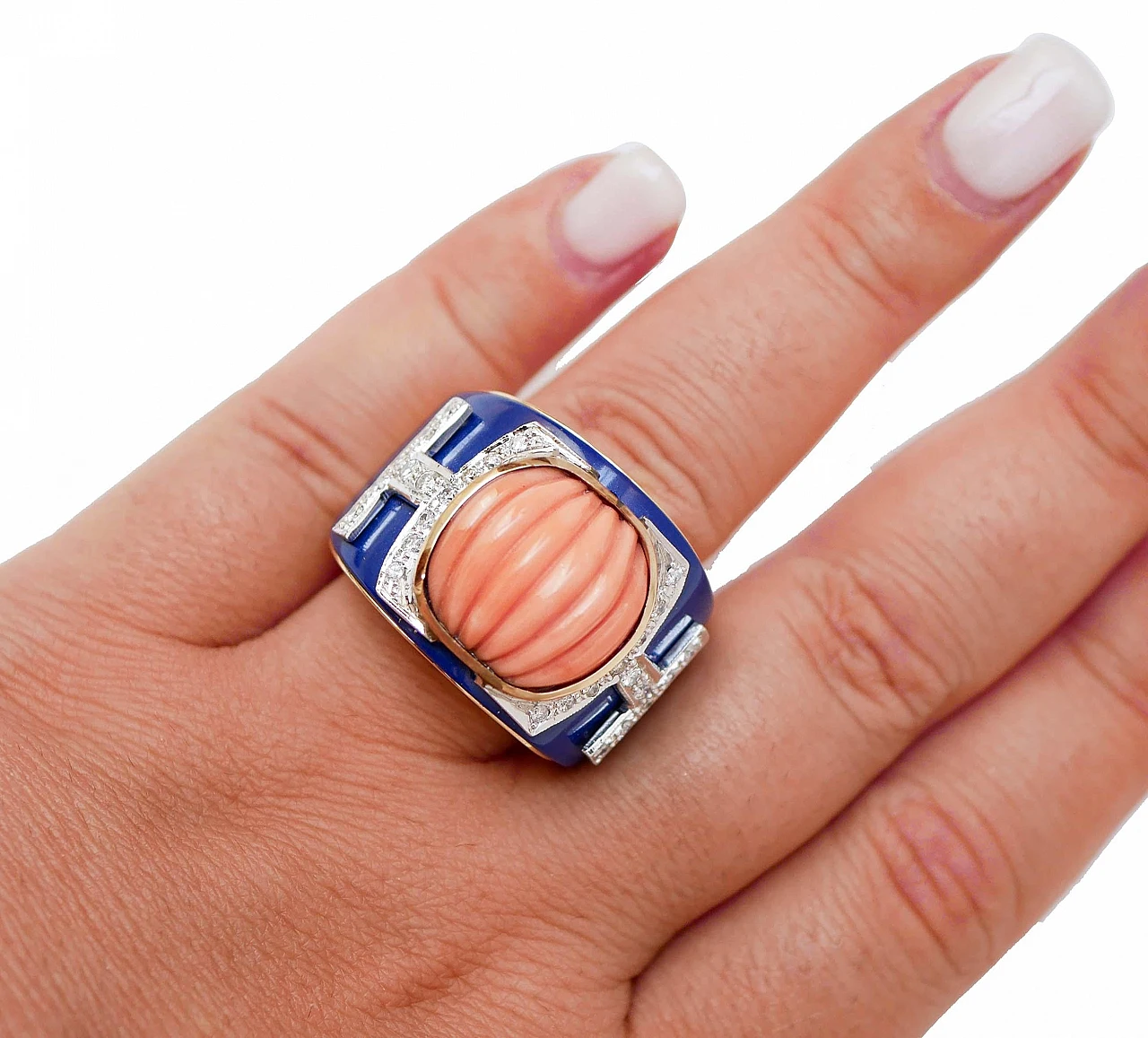 14 Kt pink gold band ring with coral, lapis and diamonds 5