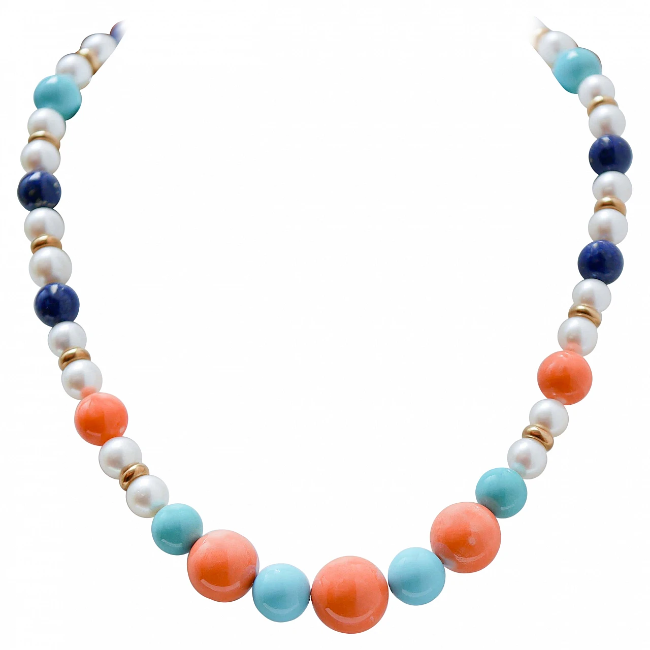 Necklace in coral, turquoise, lapis, pearls, 18 kt gold and silver 1