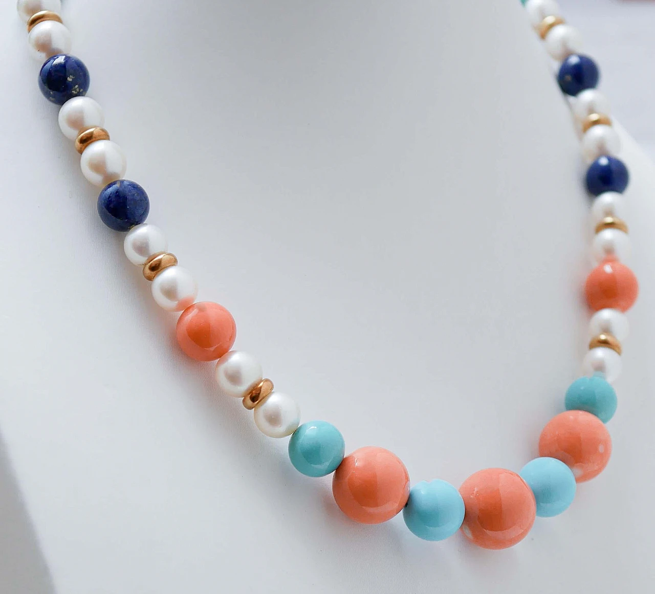 Necklace in coral, turquoise, lapis, pearls, 18 kt gold and silver 2