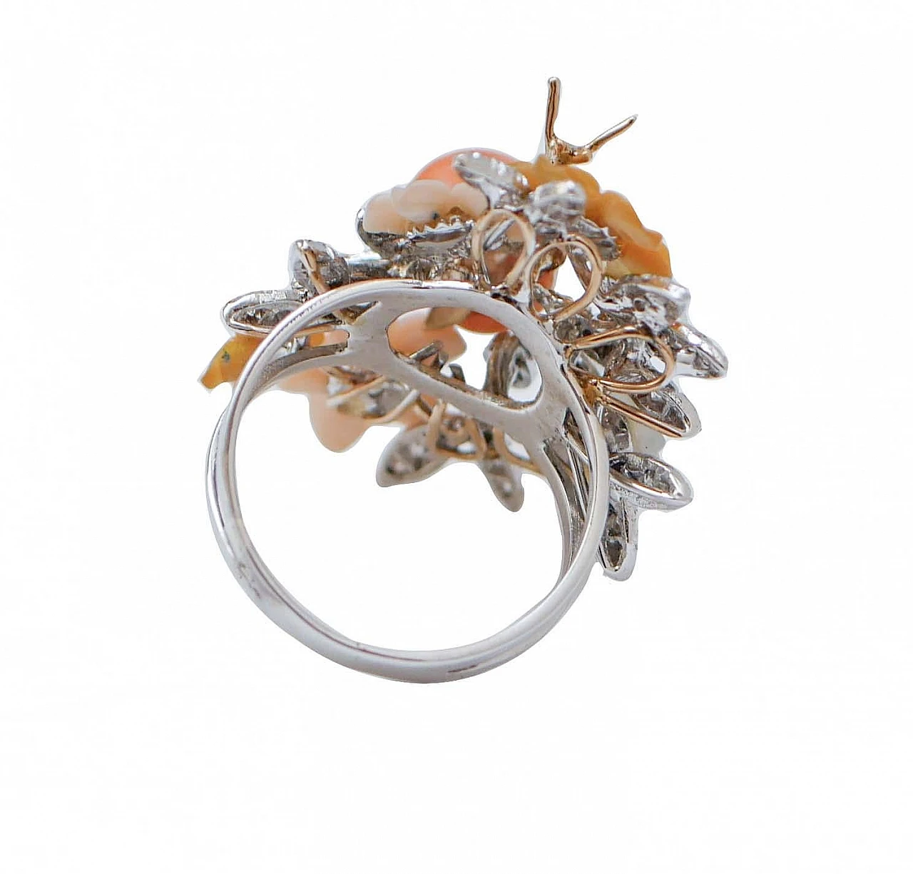 14 kt white gold ring with coral, multicoloured stones and diamonds 3