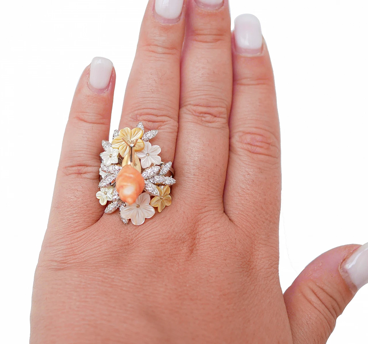 14 kt white gold ring with coral, multicoloured stones and diamonds 4