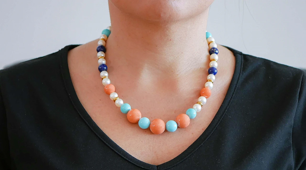 Necklace in coral, turquoise, lapis, pearls, 18 kt gold and silver 4