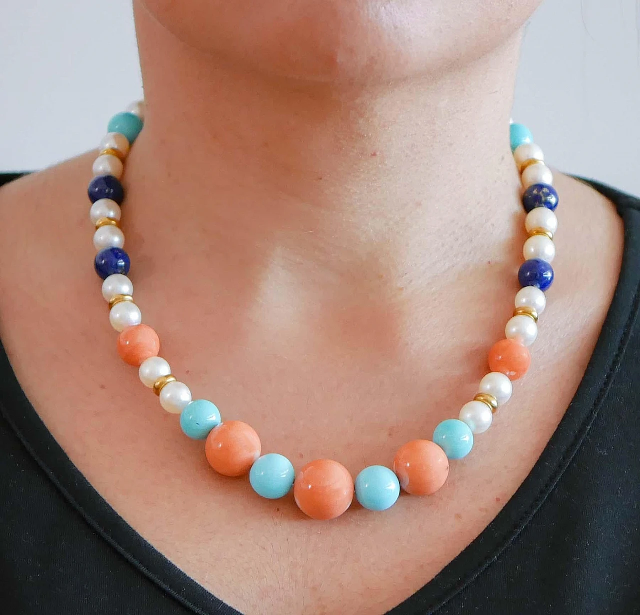 Necklace in coral, turquoise, lapis, pearls, 18 kt gold and silver 5