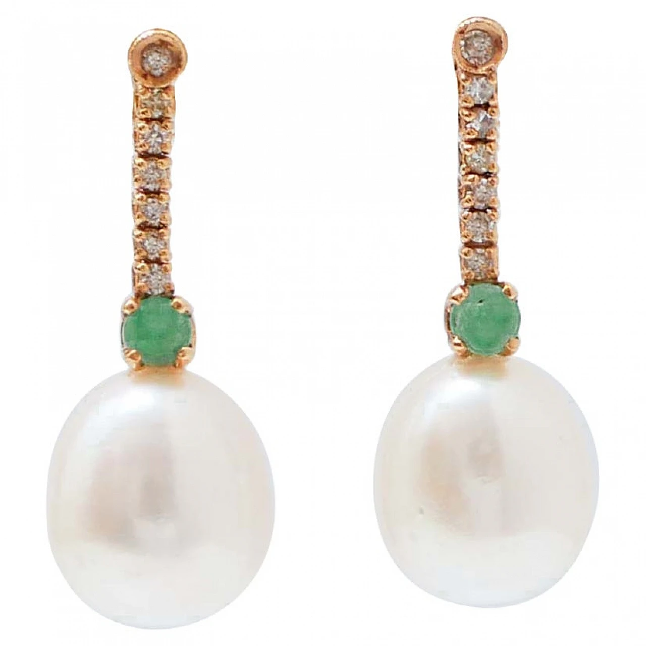 White Pearls, Emeralds, Diamonds, 14 Karat Rose Gold Tennis Earrings 1